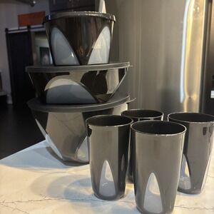 TUPPERWARE Set of 7 Ice Prism 3- Serving Bowls, 4- Tumblers,  Clear, Black  New